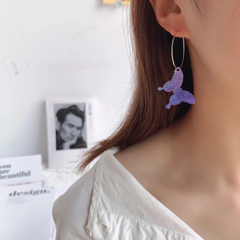 Purple Butterfly Hoops Drop Earrings 15$